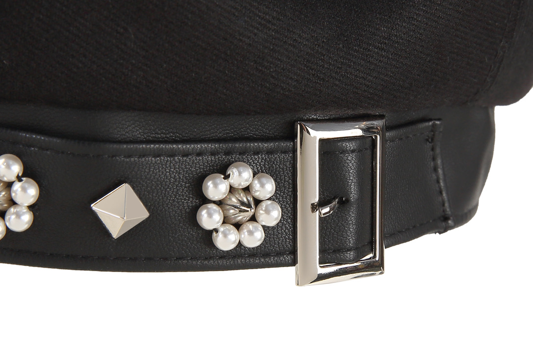 Pearl Beaded Flowers & Studs Paneled Leather Beret Hats