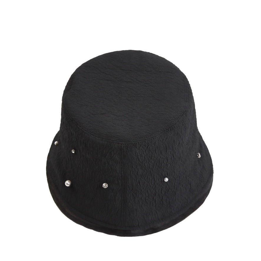 Pearl Crystal Embellished Pleated Fabrics and Tulle Black Bucket Hat
