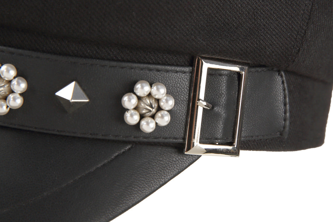 Pearl Beaded Flowers & Studs Paneled Leather Baker Boy Cap
