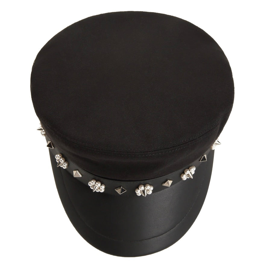 Pearl Beaded Flowers & Studs Paneled Leather Baker Boy Cap