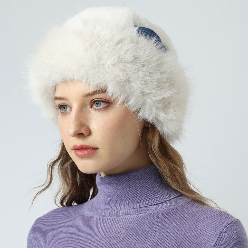 Faux Fur Premium Blue Leather Label Trimmed Winter Hat