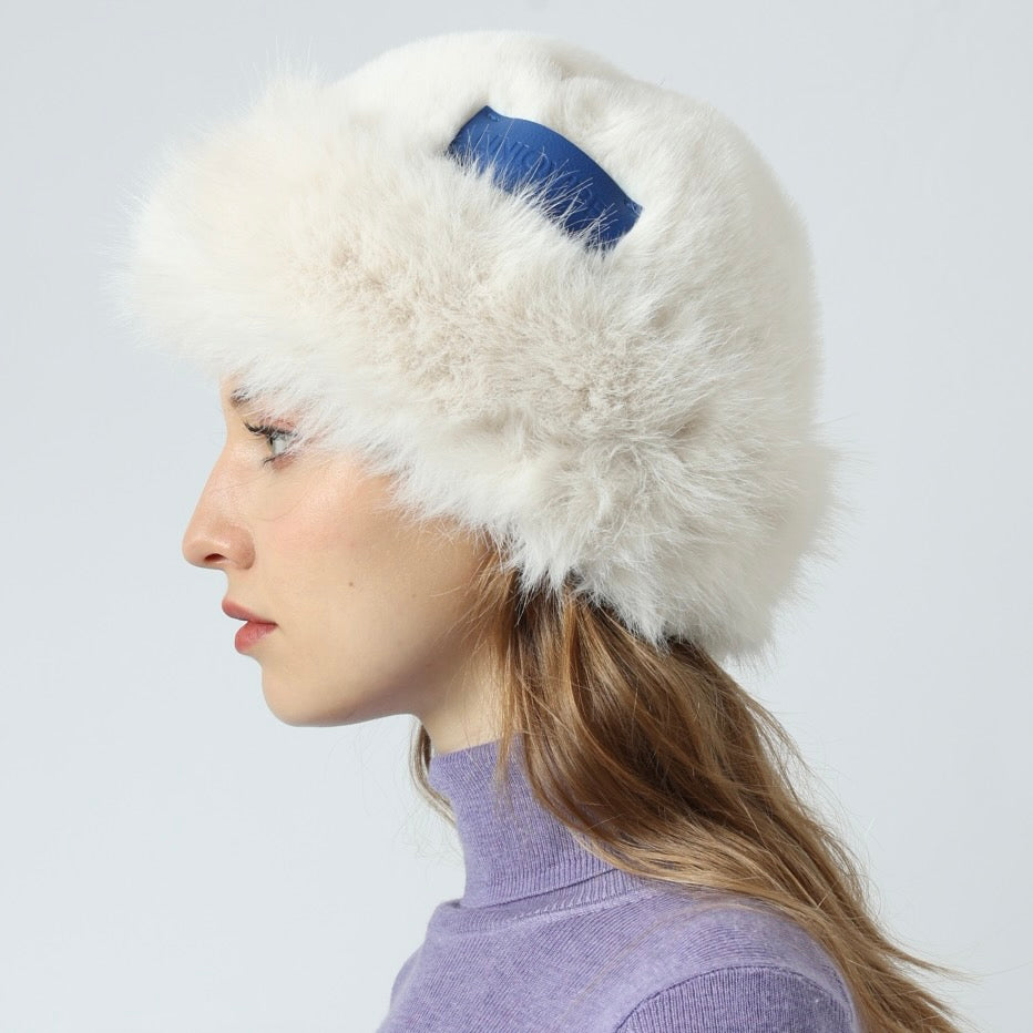Faux Fur Premium Blue Leather Label Trimmed Winter Hat
