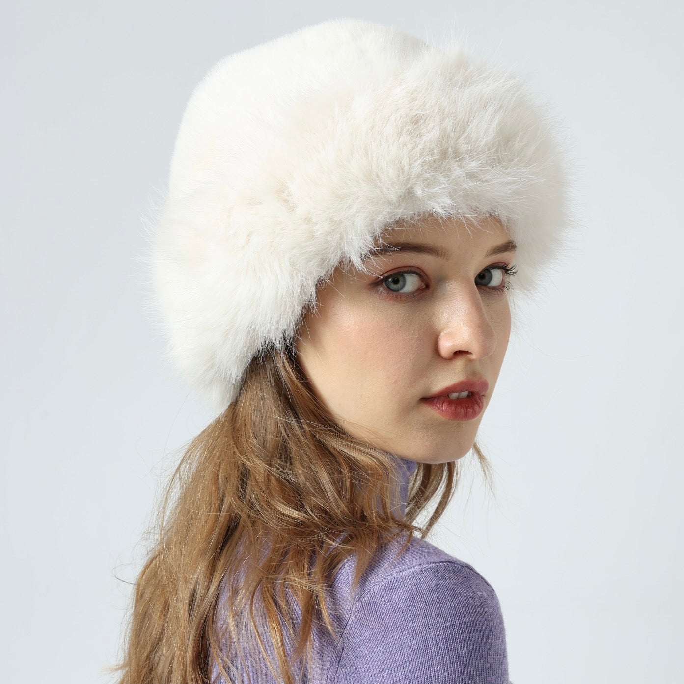 Faux Fur Premium Blue Leather Label Trimmed Winter Hat