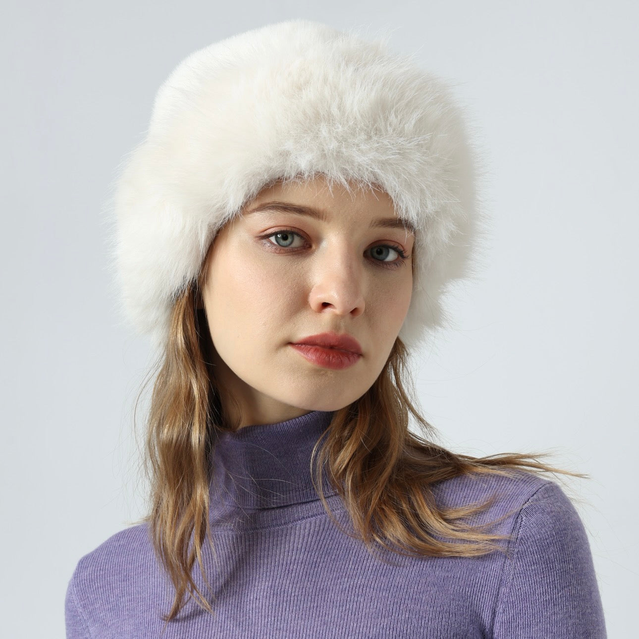 Faux Fur Premium Blue Leather Label Trimmed Winter Hat