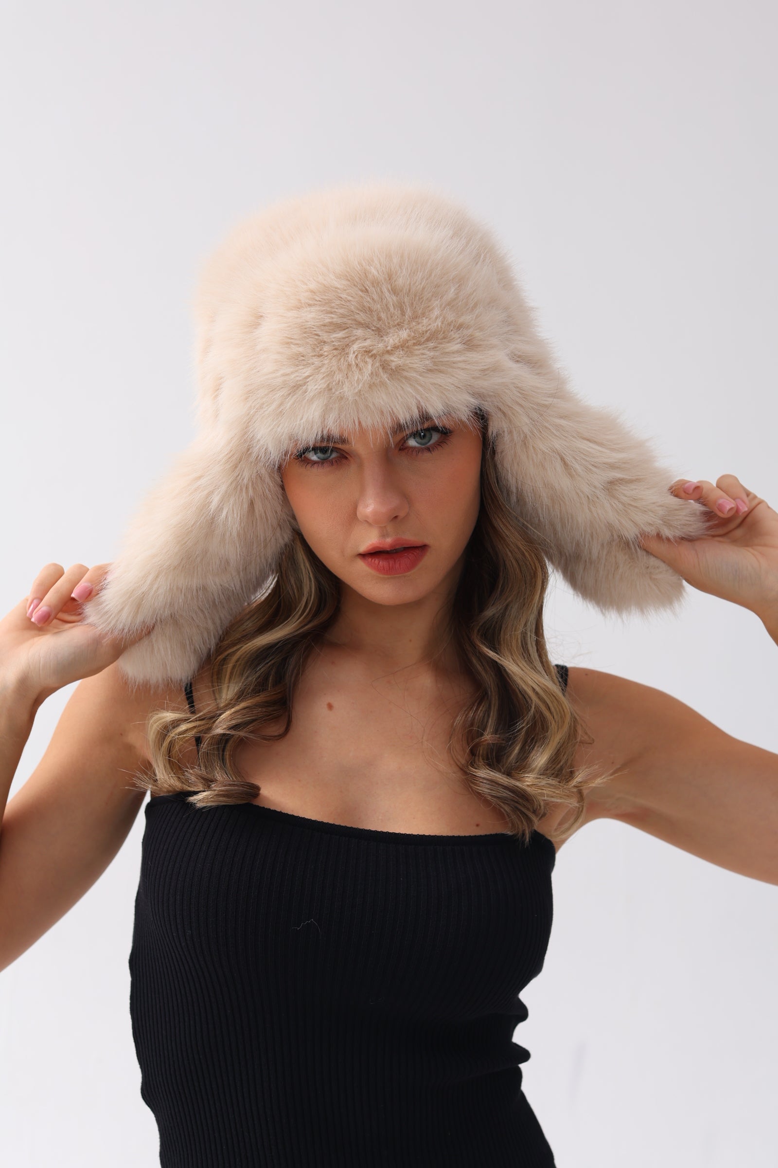 Faux Fur Thick Warm Headband Winter Fluffy Trapper Hat with Ear Flaps