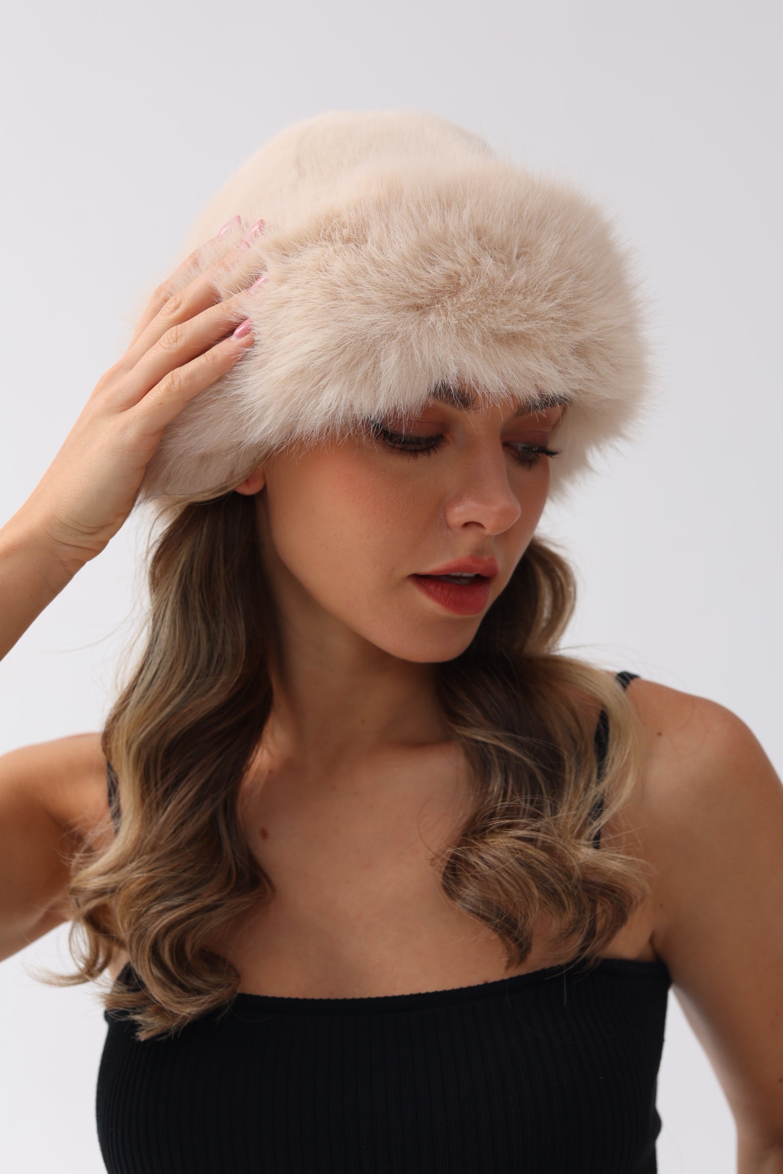 Faux Fur Premium Blue Leather Label Trimmed Winter Hat