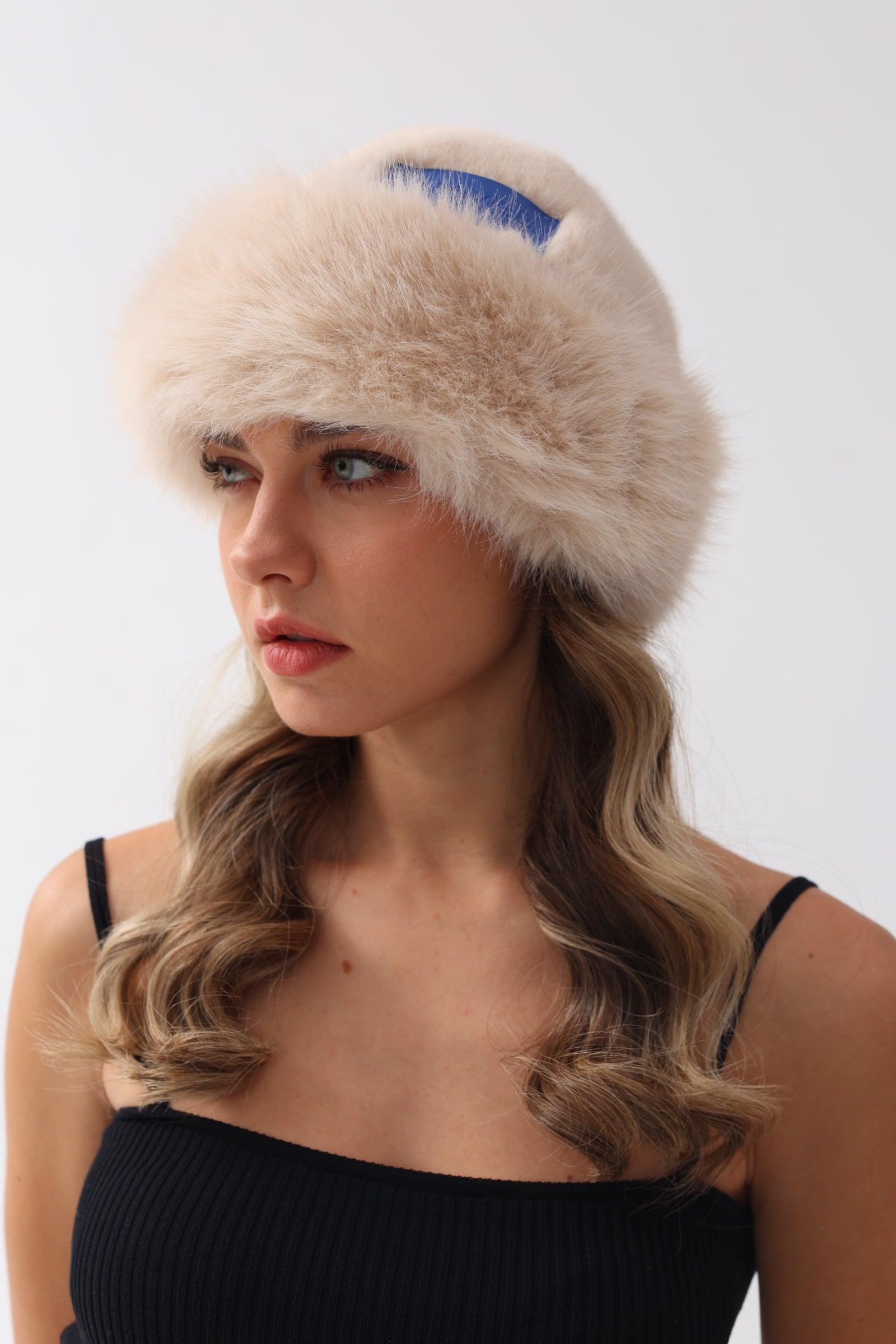 Faux Fur Premium Blue Leather Label Trimmed Winter Hat