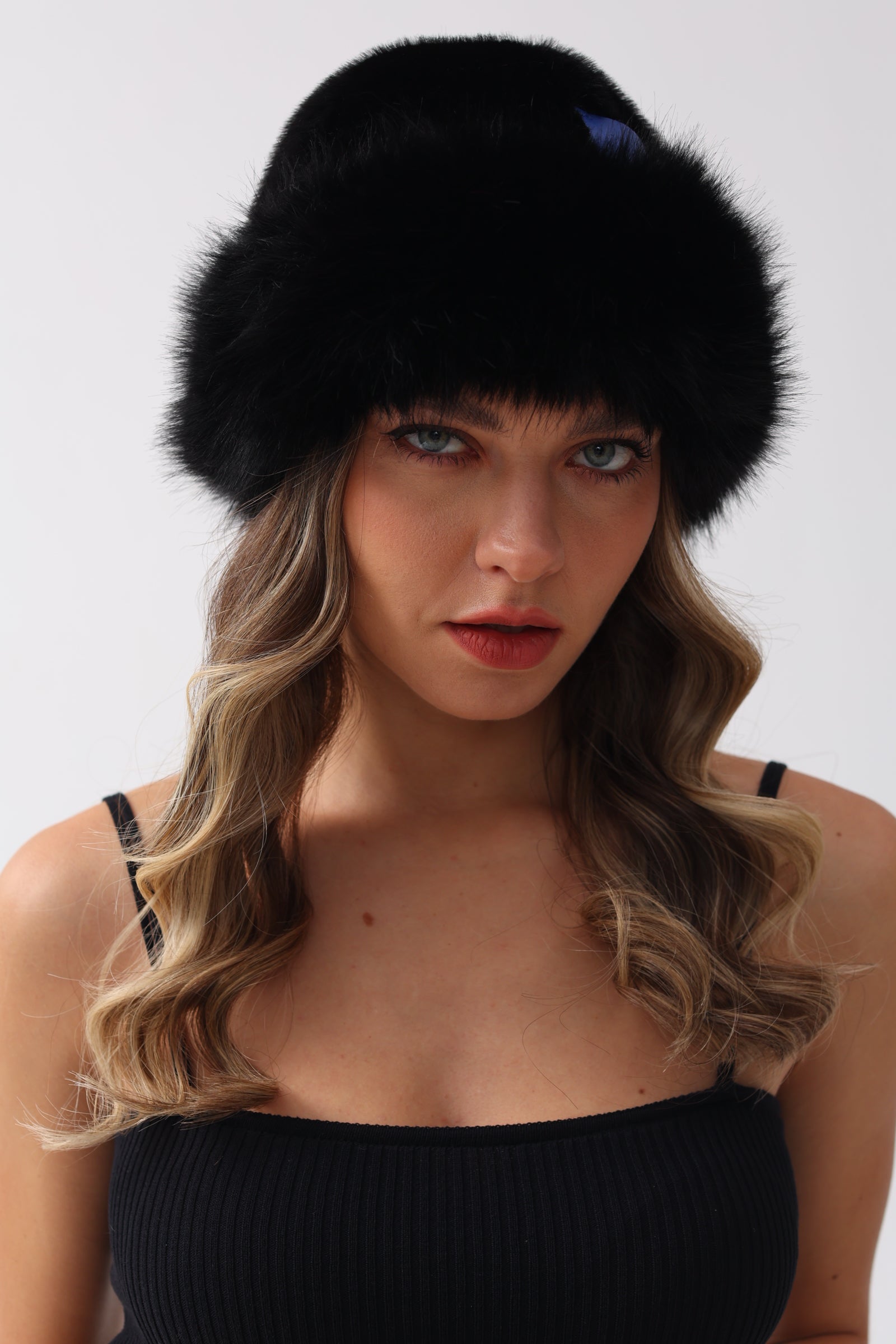 Faux Fur Premium Blue Leather Label Trimmed Winter Hat