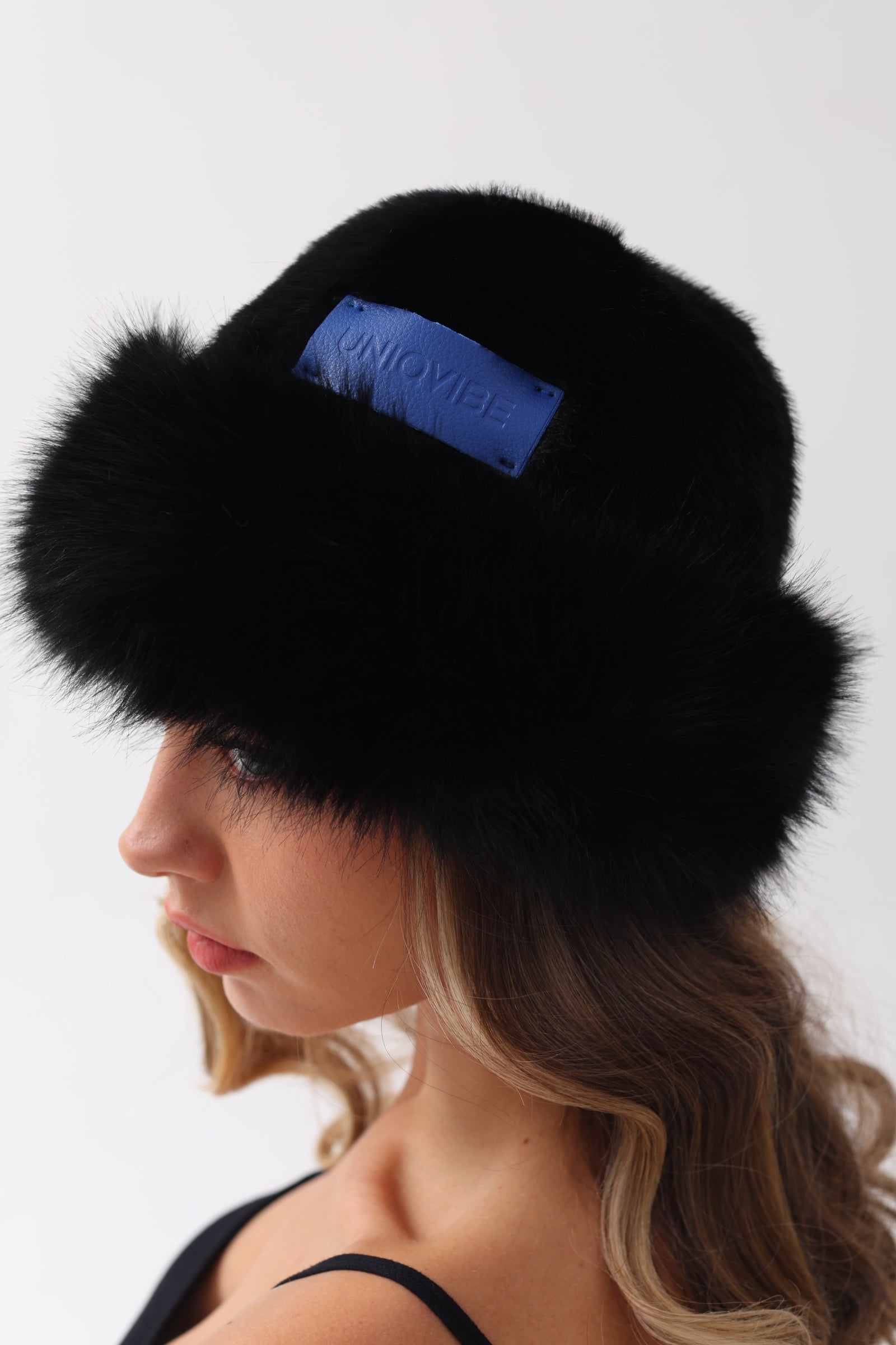 Faux Fur Premium Blue Leather Label Trimmed Winter Hat