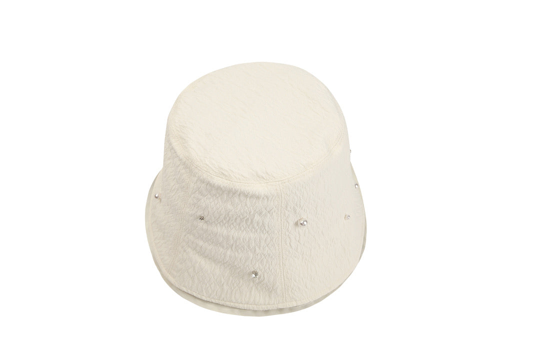 Pearl Crystal Embellished Pleated Fabrics and Tulle White Bucket Hat
