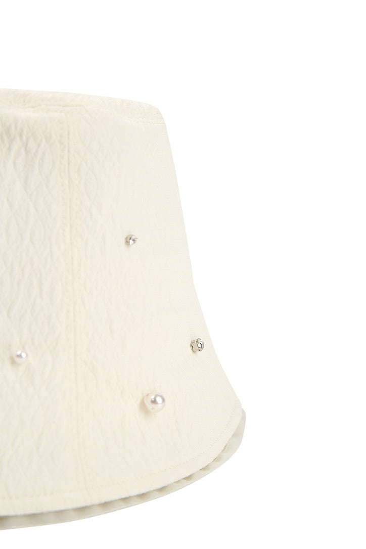 Pearl Crystal Embellished Pleated Fabrics and Tulle White Bucket Hat