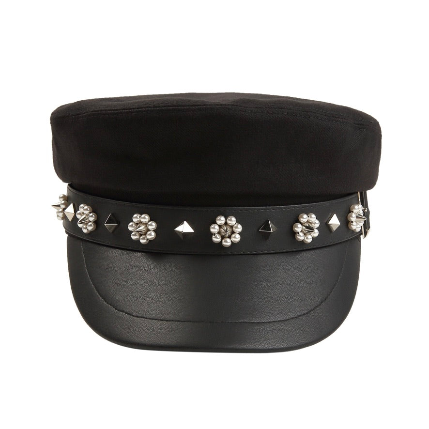 Pearl Beaded Flowers & Studs Paneled Leather Baker Boy Cap