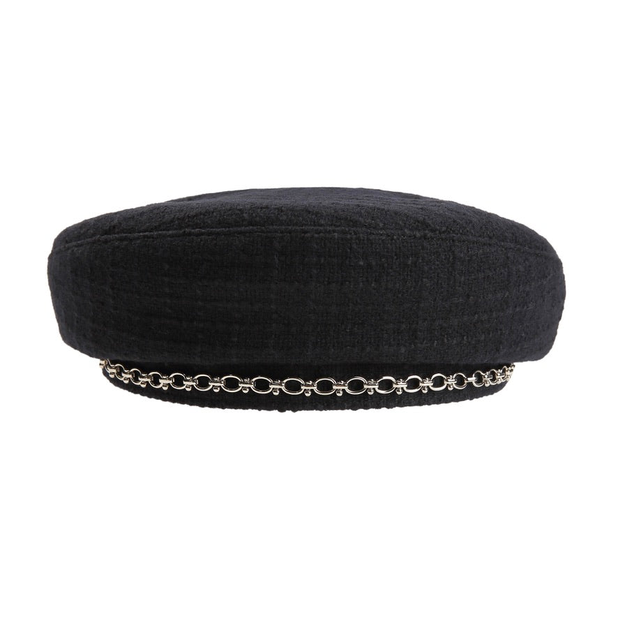 Wool Tweed Metal Chain Detail Beret Hats