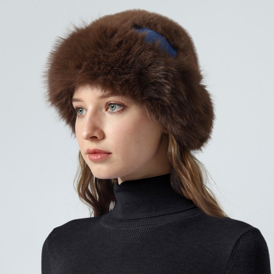 Faux Fur Premium Blue Leather Label Trimmed Winter Hat