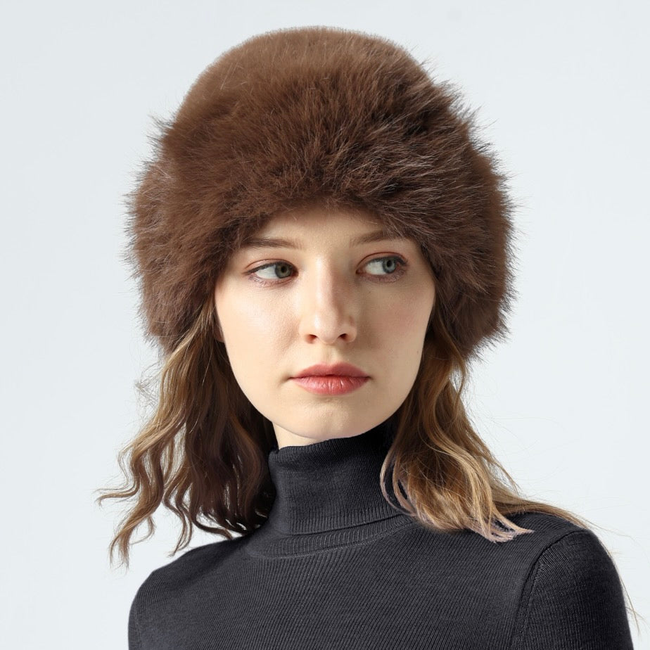 Faux Fur Premium Blue Leather Label Trimmed Winter Hat