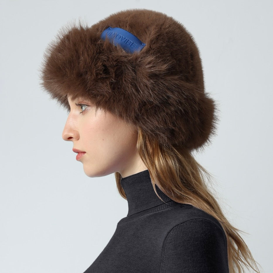 Faux Fur Premium Blue Leather Label Trimmed Winter Hat
