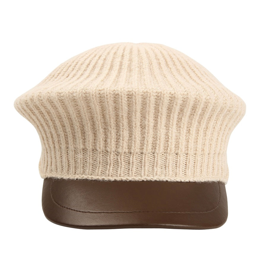 Beige Wool Paneled Brown Leather Baker Boy Cap