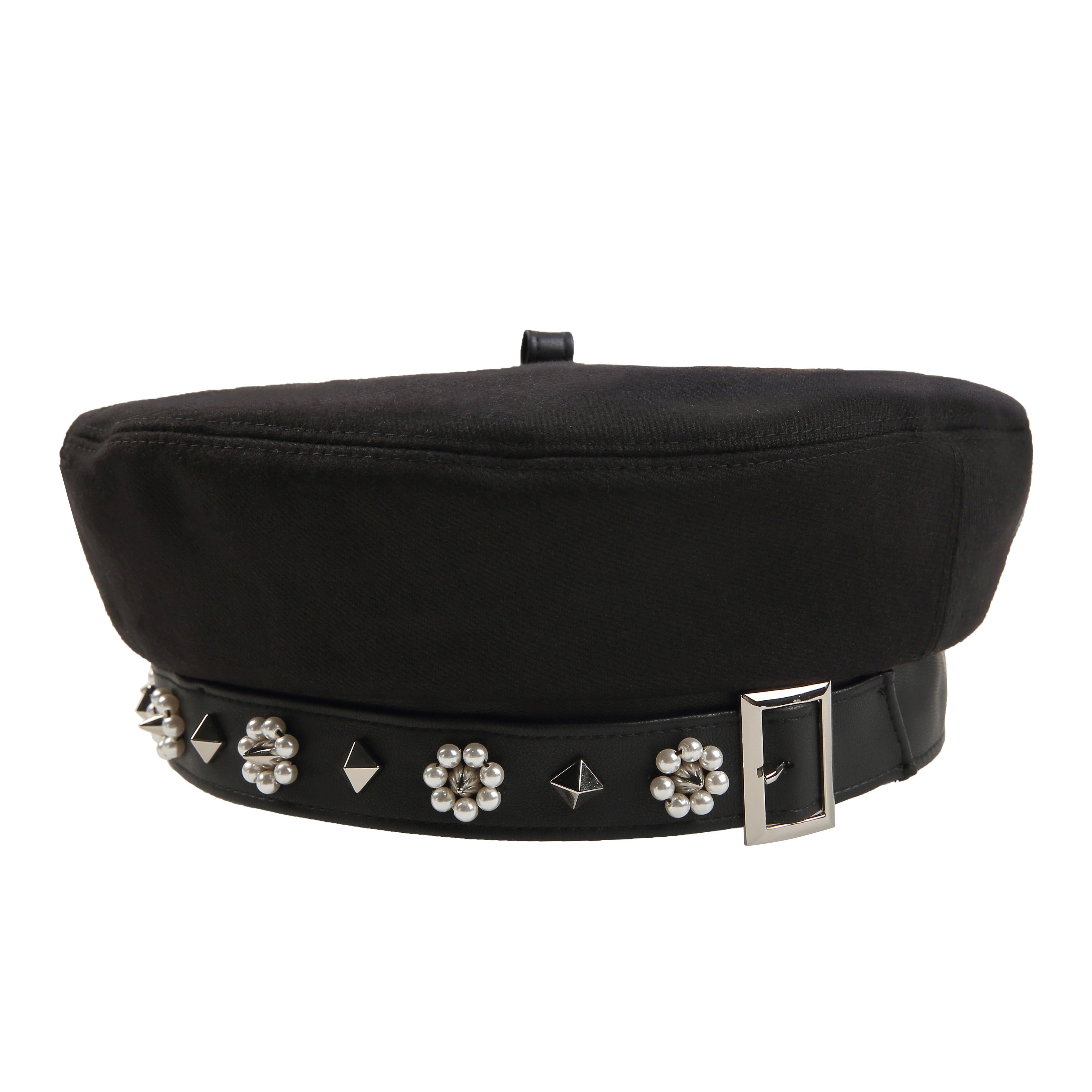 Pearl Beaded Flowers & Studs Paneled Leather Beret Hats