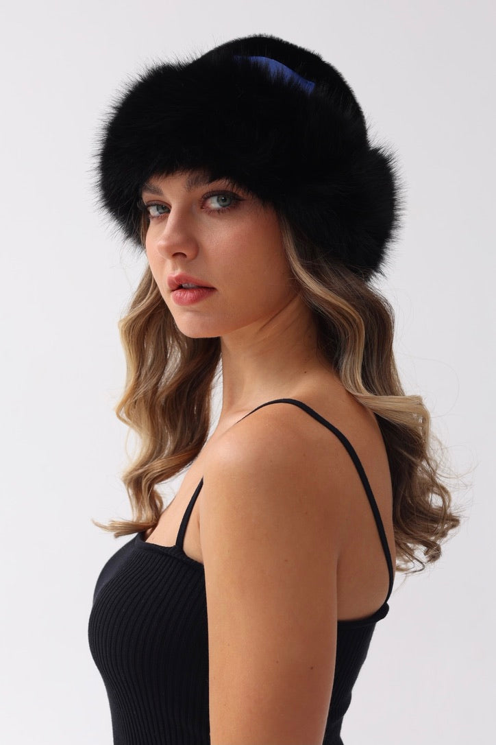Faux Fur Premium Blue Leather Label Trimmed Winter Hat