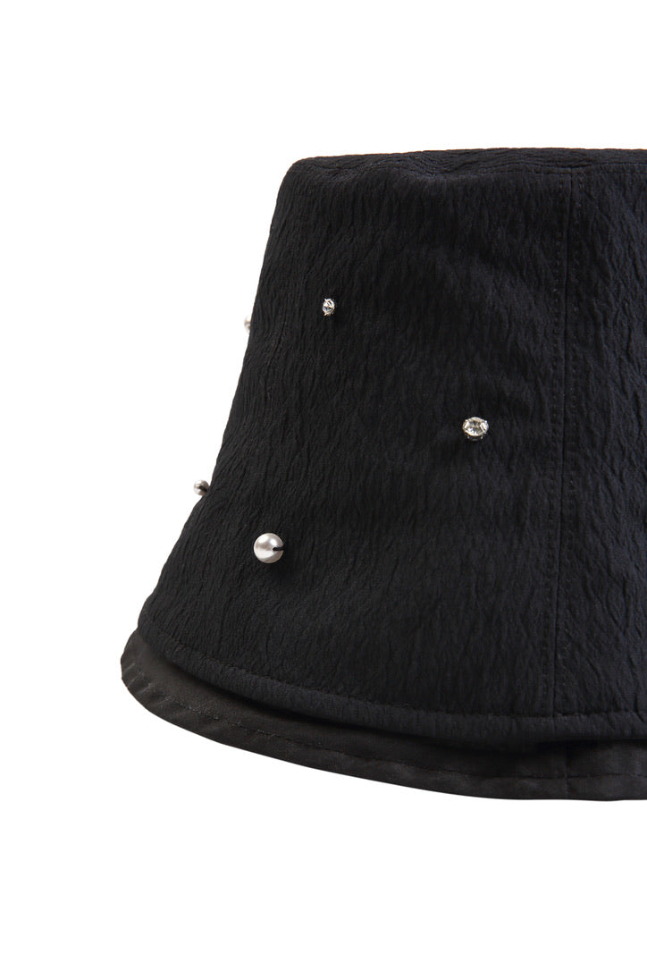 Pearl Crystal Embellished Pleated Fabrics and Tulle Black Bucket Hat