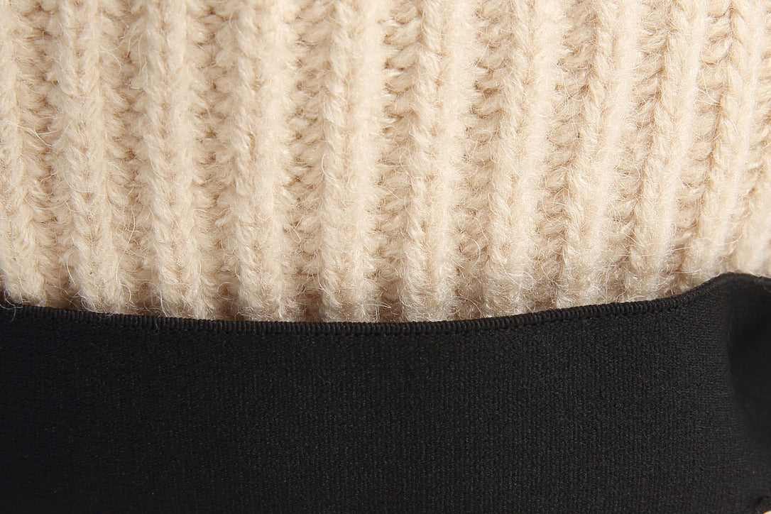 Beige Wool Paneled Brown Leather Baker Boy Cap