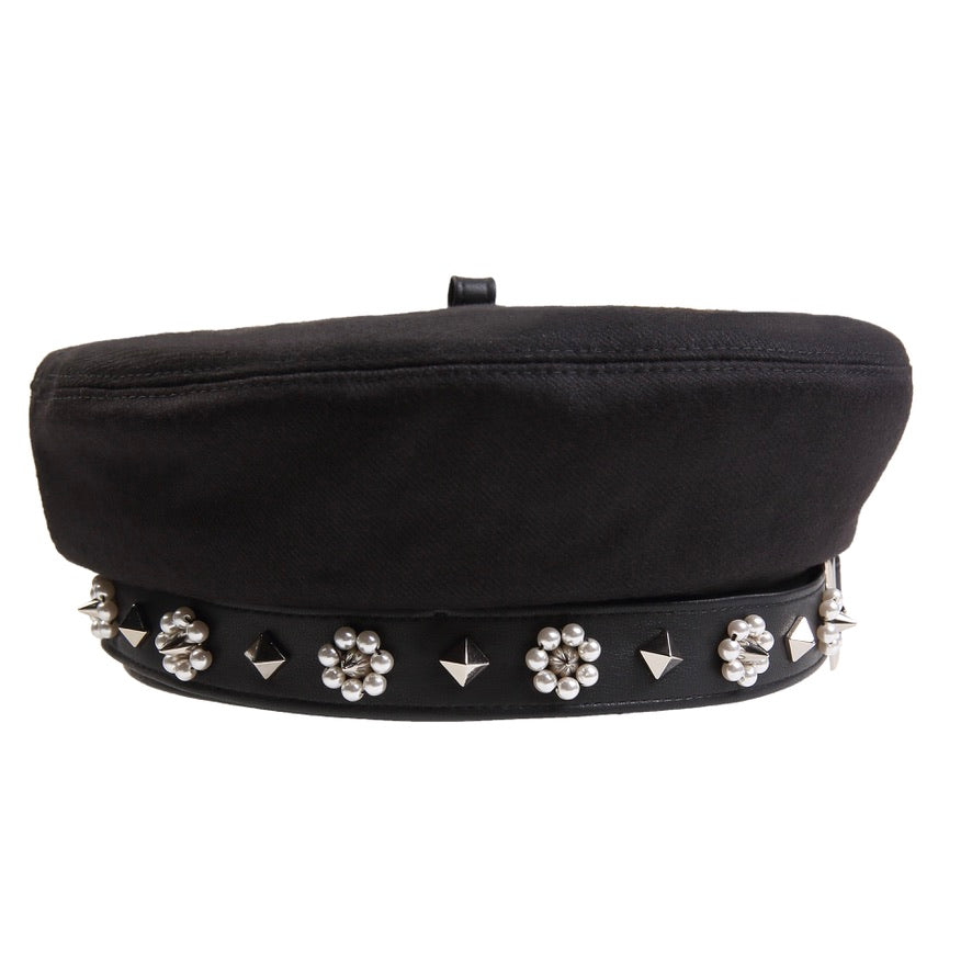Pearl Beaded Flowers & Studs Paneled Leather Beret Hats