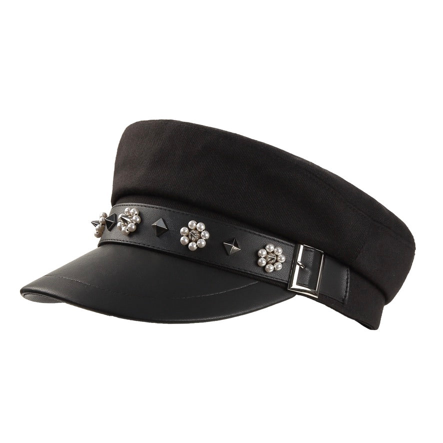 Pearl Beaded Flowers & Studs Paneled Leather Baker Boy Cap