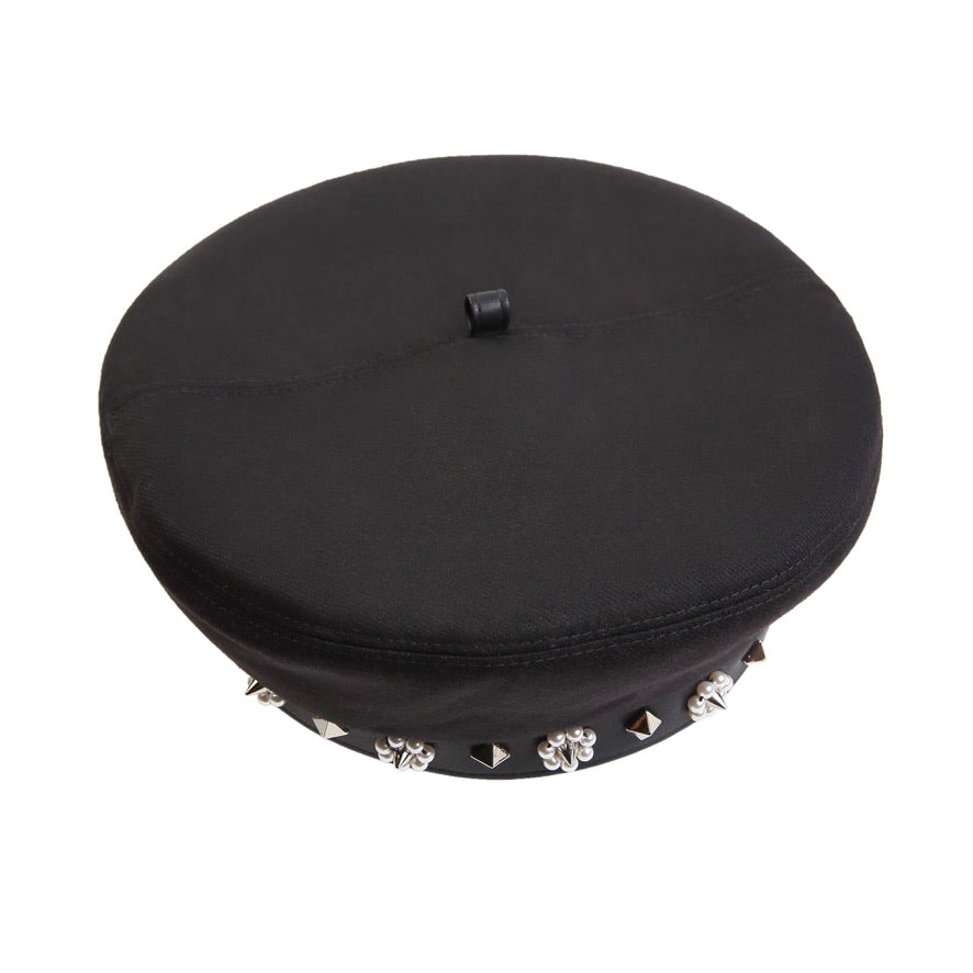 Pearl Beaded Flowers & Studs Paneled Leather Beret Hats