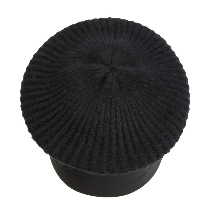 Black Wool Paneled Leather Baker Boy Cap