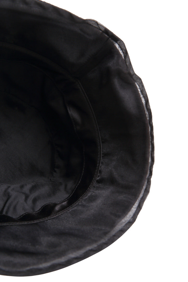 Pearl Crystal Embellished Pleated Fabrics and Tulle Black Bucket Hat