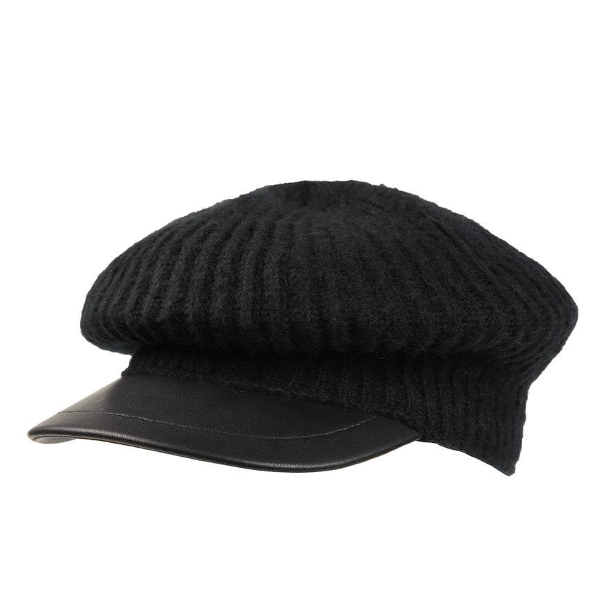 Black Wool Paneled Leather Baker Boy Cap