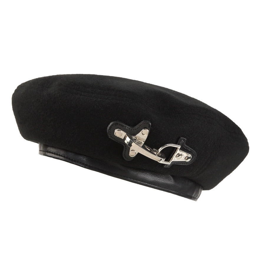 Metal Buckle Detail Leather-trimmed Beret Hats