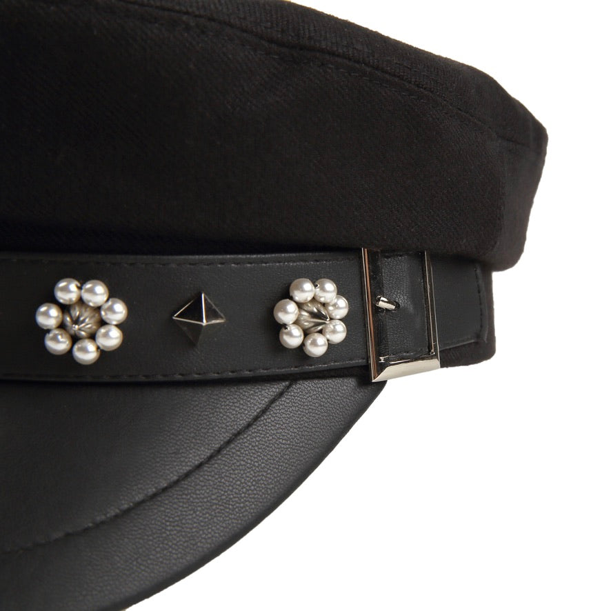 Pearl Beaded Flowers & Studs Paneled Leather Baker Boy Cap