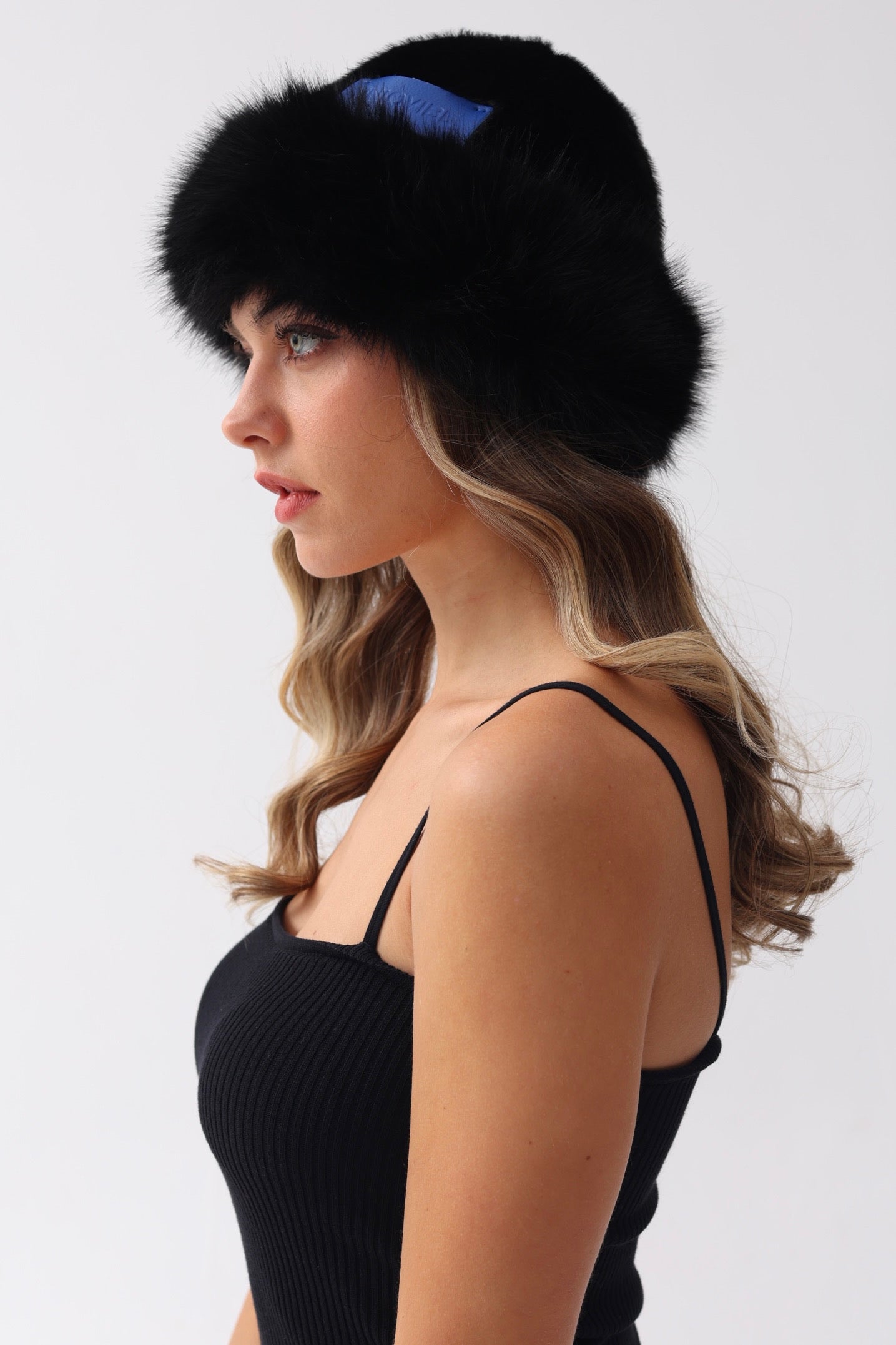 Faux Fur Premium Blue Leather Label Trimmed Winter Hat