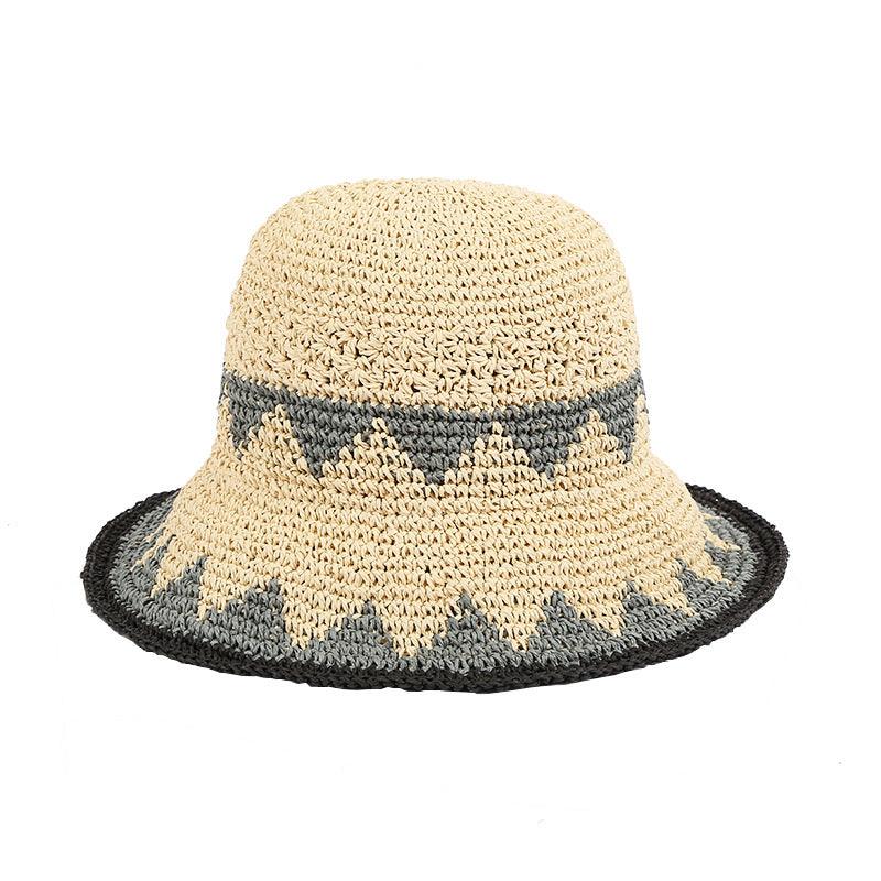 Beige Grey Triangle Straw Bucket Beach Hat - Uniqvibe