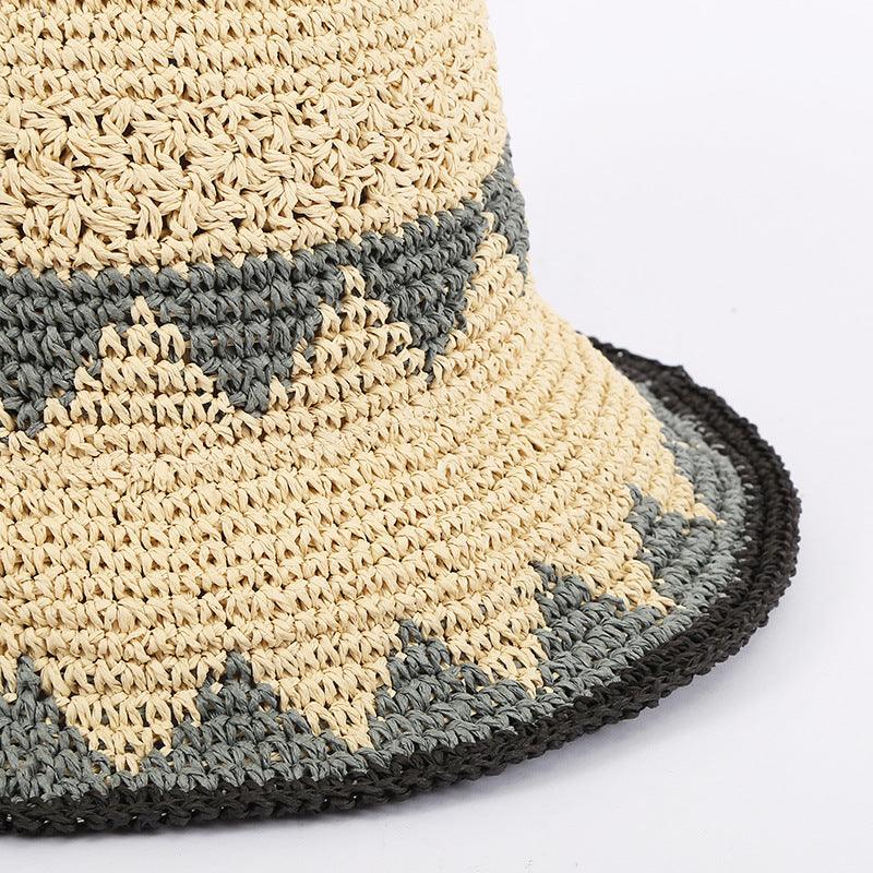Beige Grey Triangle Straw Bucket Beach Hat - Uniqvibe