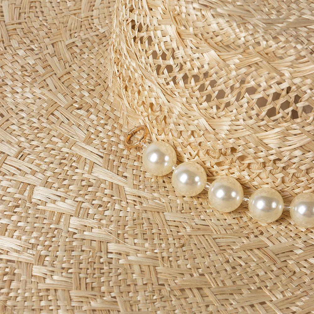 Beige Pearl Sanding Strappy Beach Hat Straw Hat - Uniqvibe
