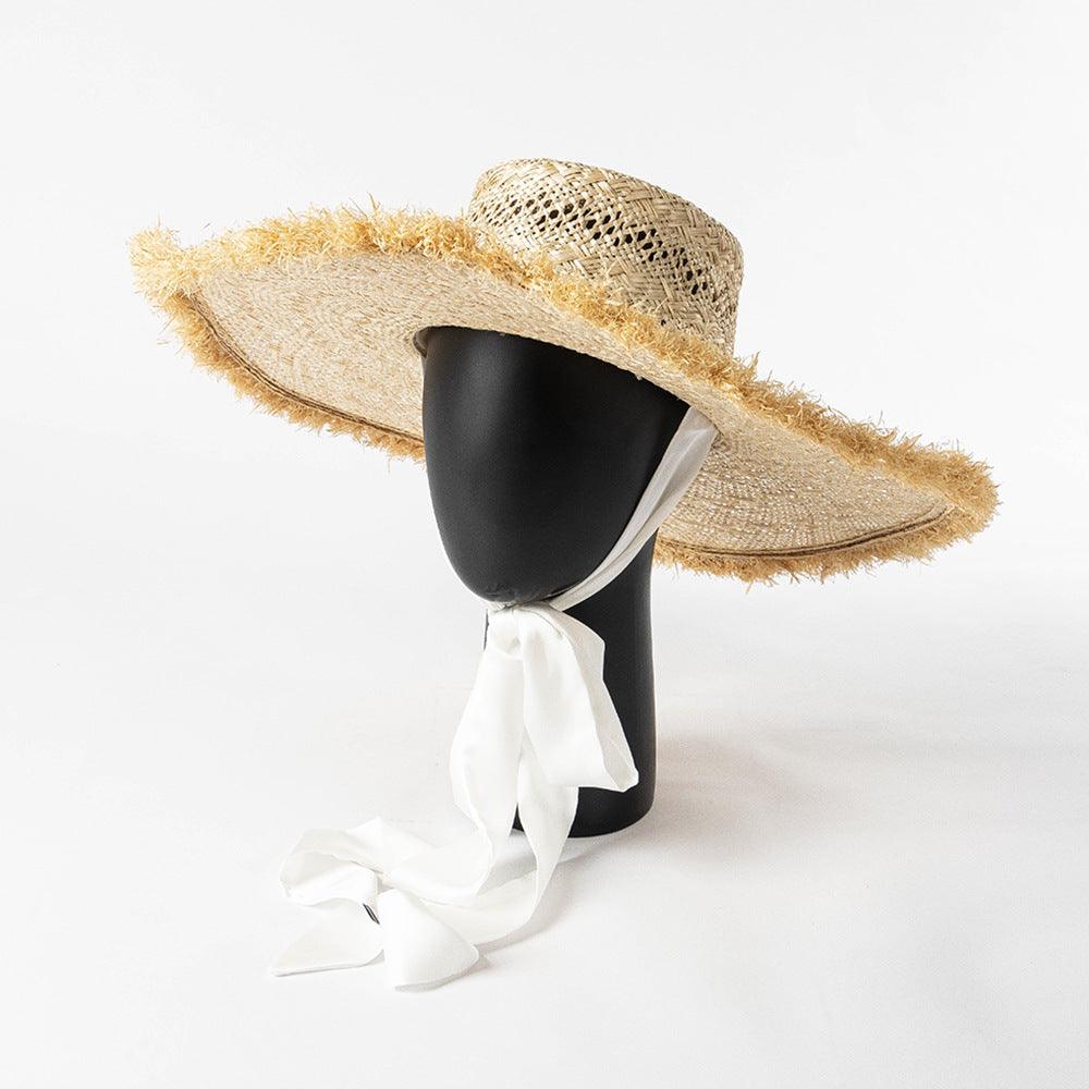 Beige Pearl Sanding Strappy Beach Hat Straw Hat - Uniqvibe