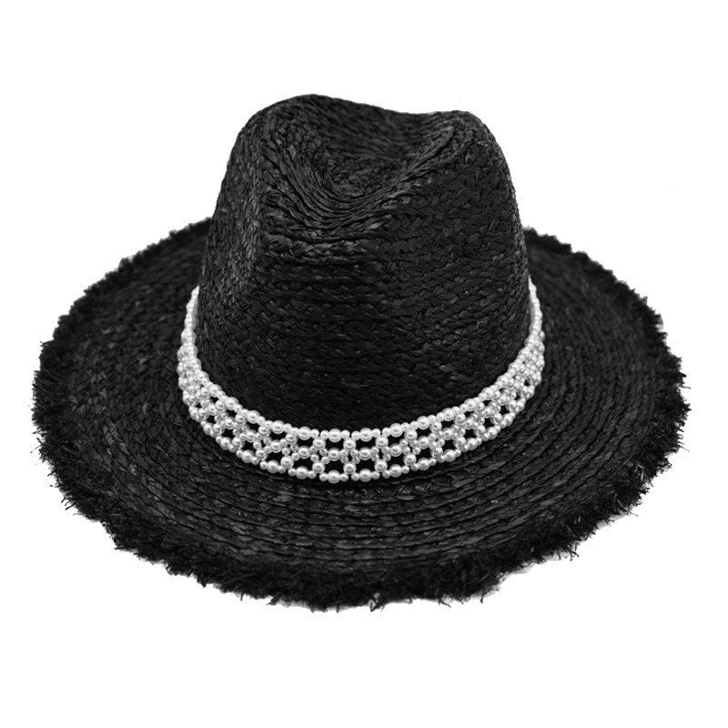 Beige/Black Pearl Beach Hat Straw Bucket Hat - Uniqvibe