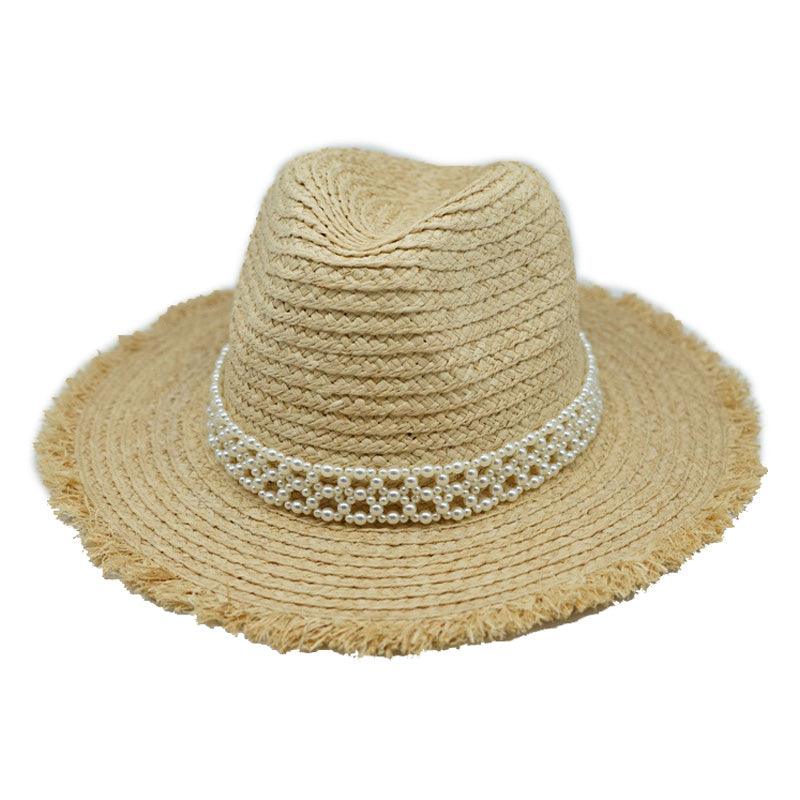 Beige/Black Pearl Beach Hat Straw Bucket Hat - Uniqvibe