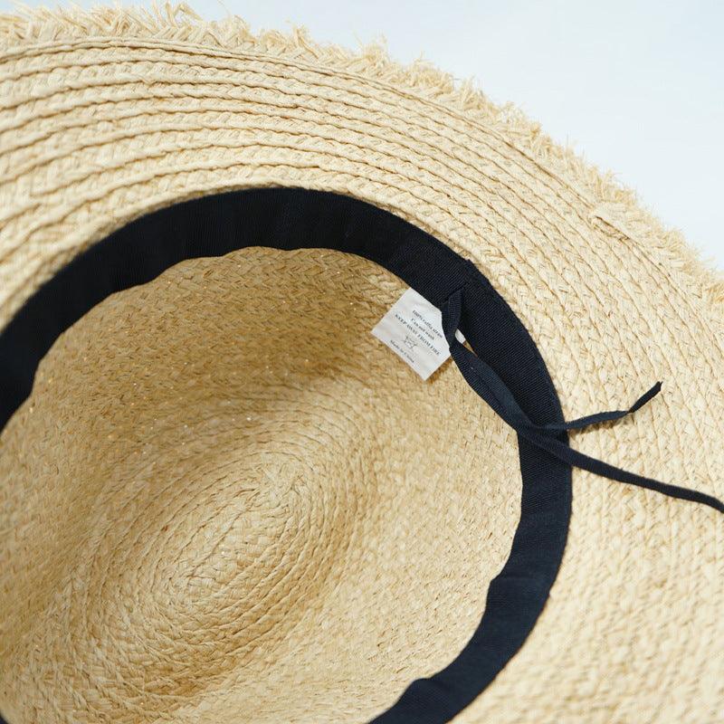 Beige/Black Pearl Beach Hat Straw Bucket Hat - Uniqvibe