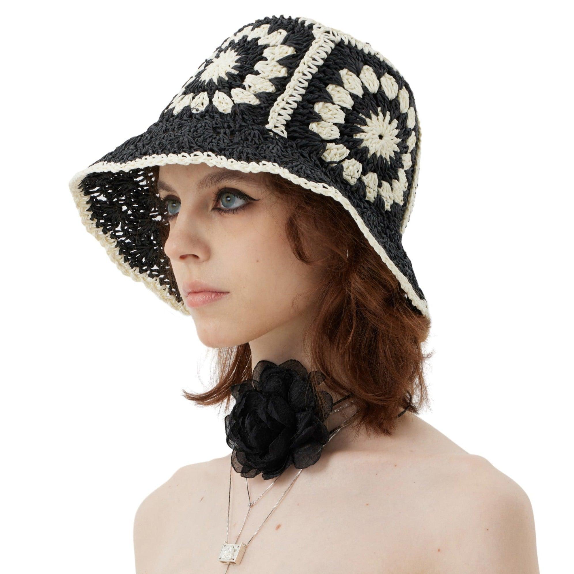Black & White Flower Straw Bucket Beach Hat - Uniqvibe