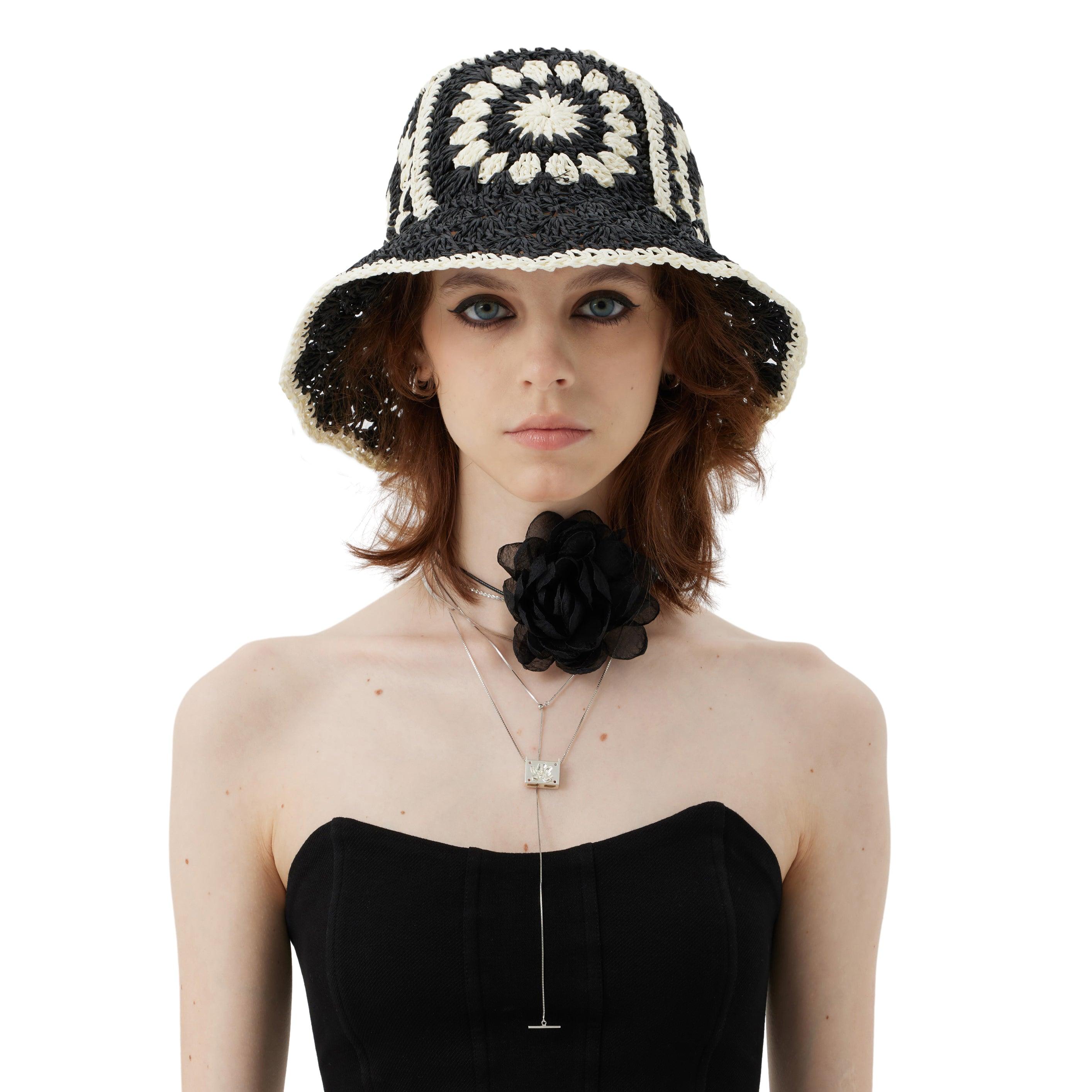 Black & White Flower Straw Bucket Beach Hat - Uniqvibe
