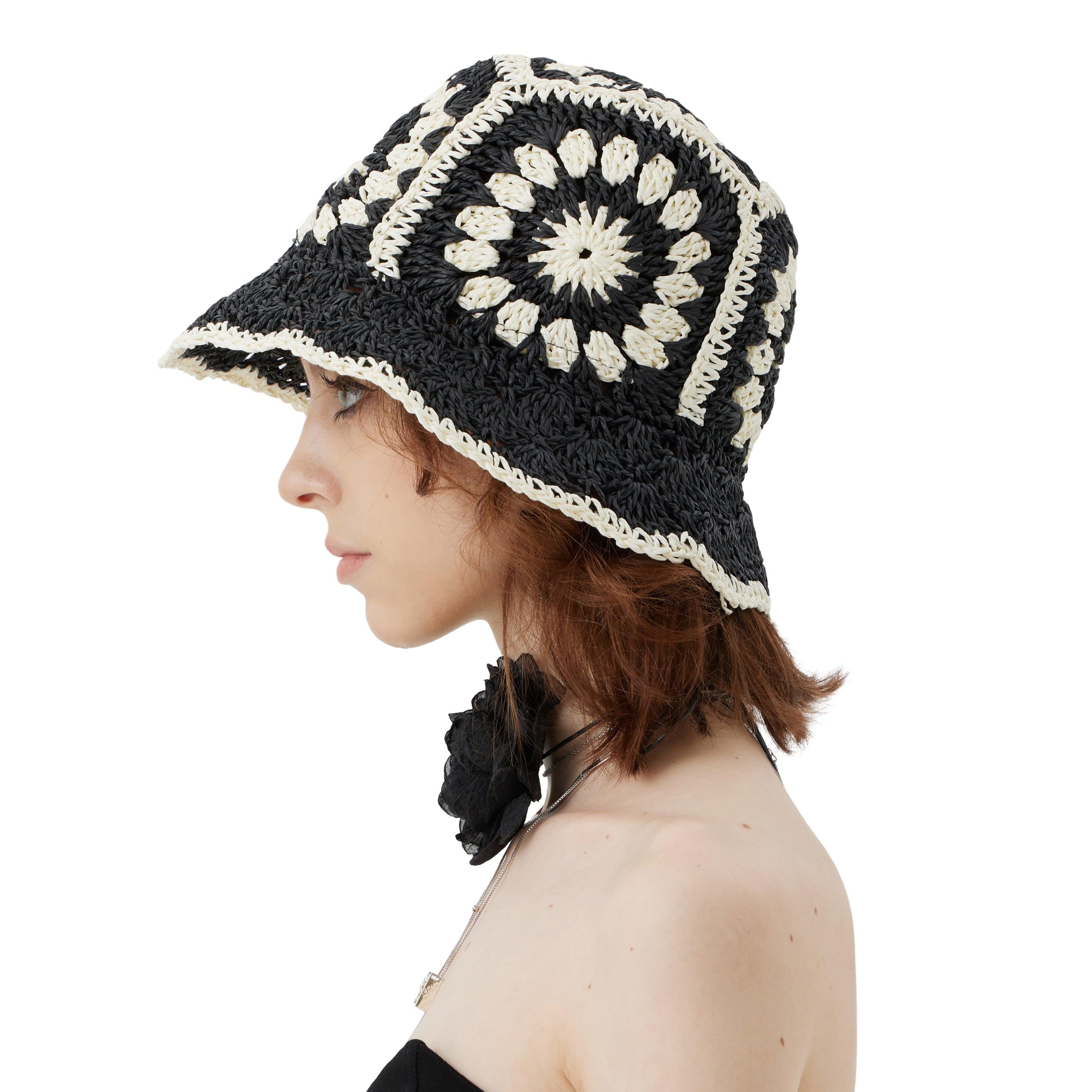 Black & White Flower Straw Bucket Beach Hat - Uniqvibe