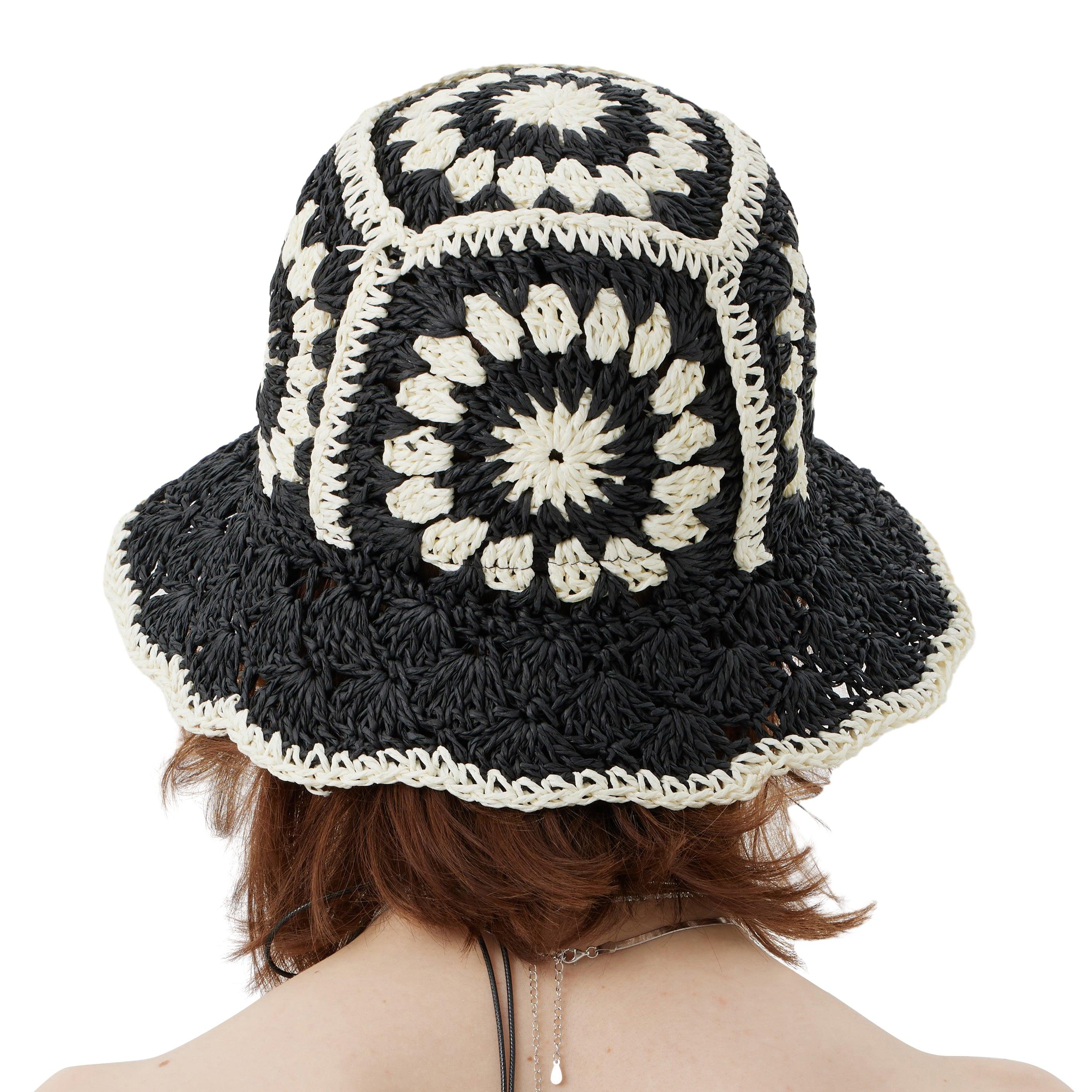 Black & White Flower Straw Bucket Beach Hat - Uniqvibe