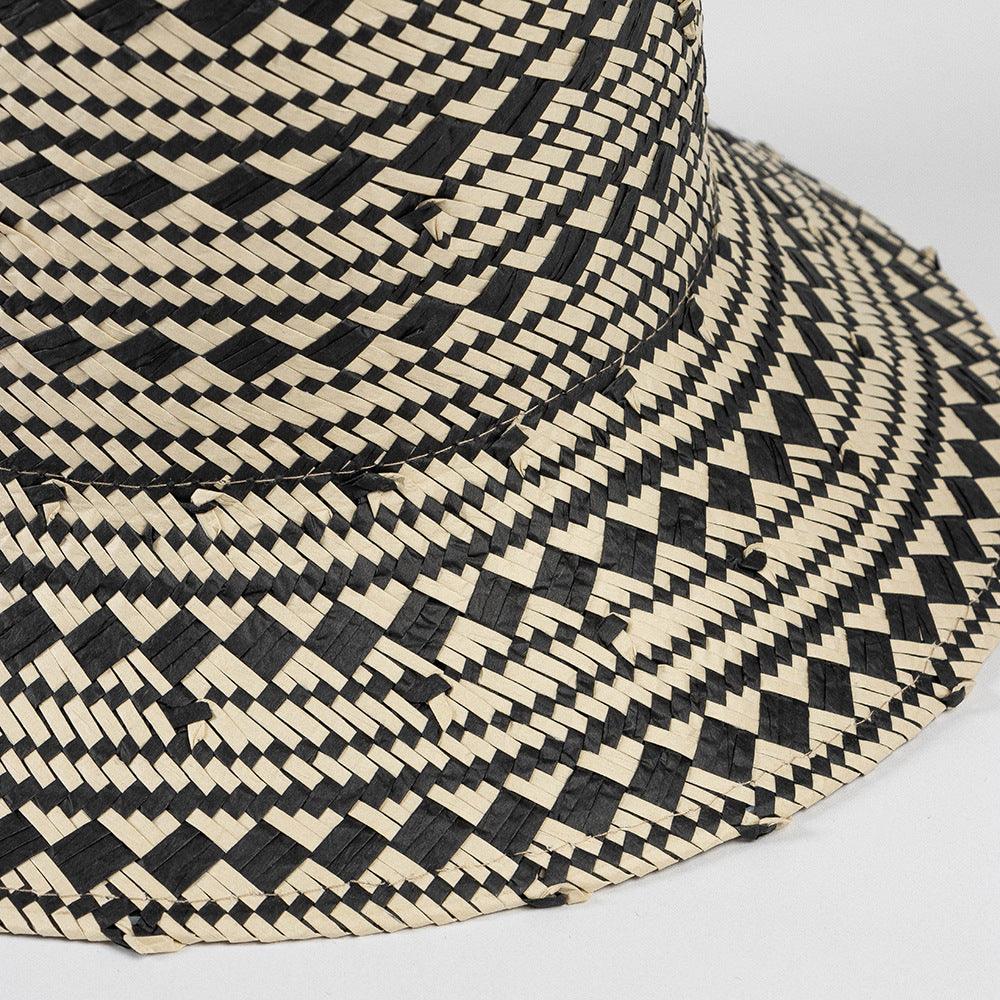 Black & White Woven Straw Bucket Beach Hat - Uniqvibe