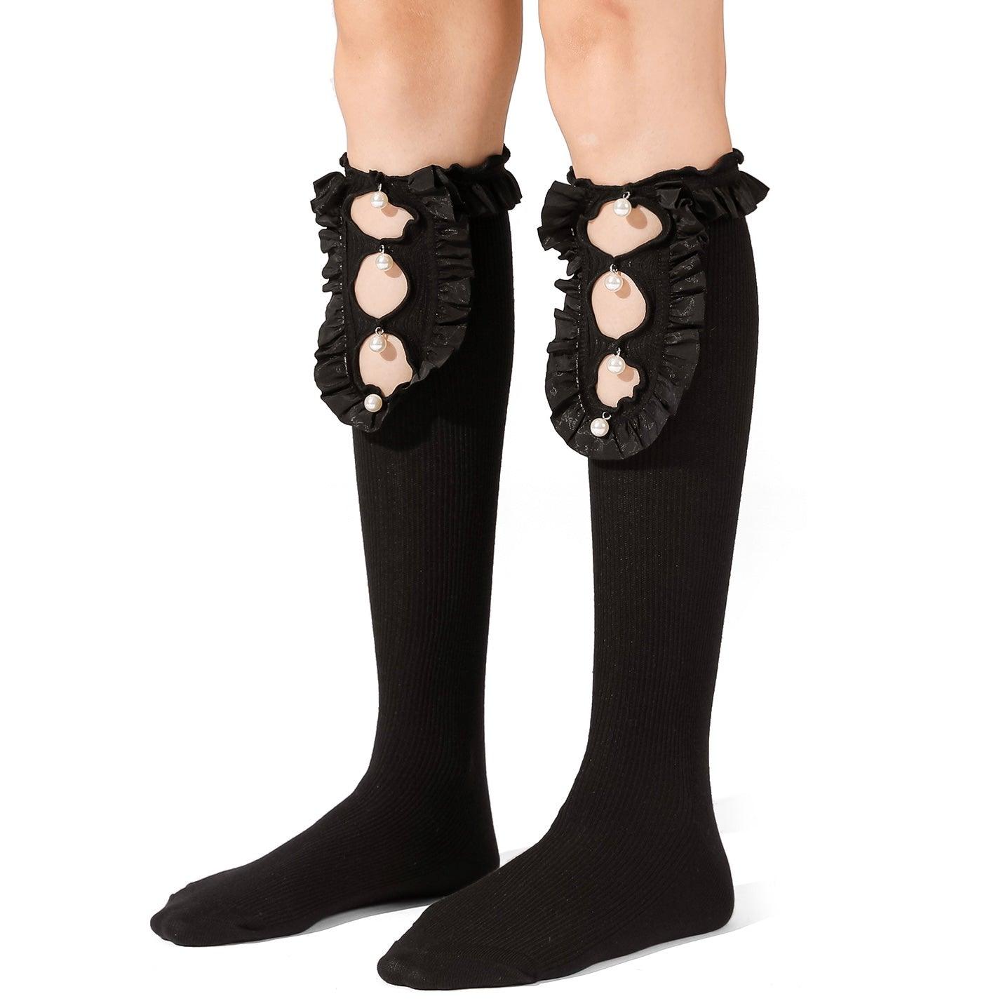 Black Cutout Pearl Cotton Knee High Long Socks - Uniqvibe