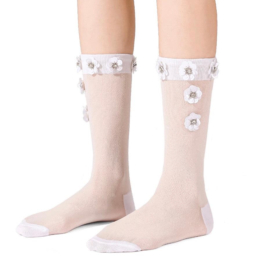 Black Sequined Floral Stretch Tulle Long Socks - Uniqvibe