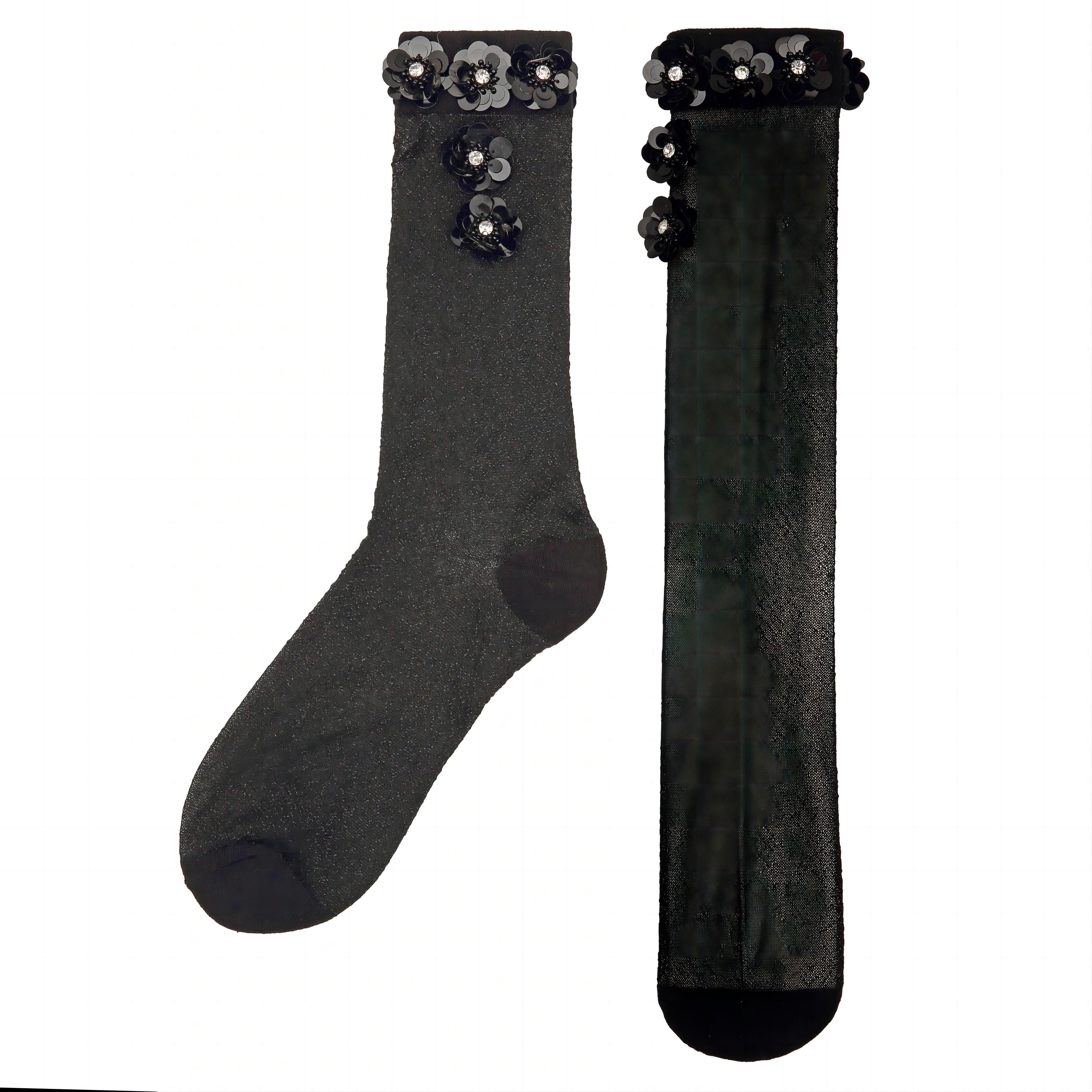 Black Sequined Floral Stretch Tulle Long Socks - Uniqvibe