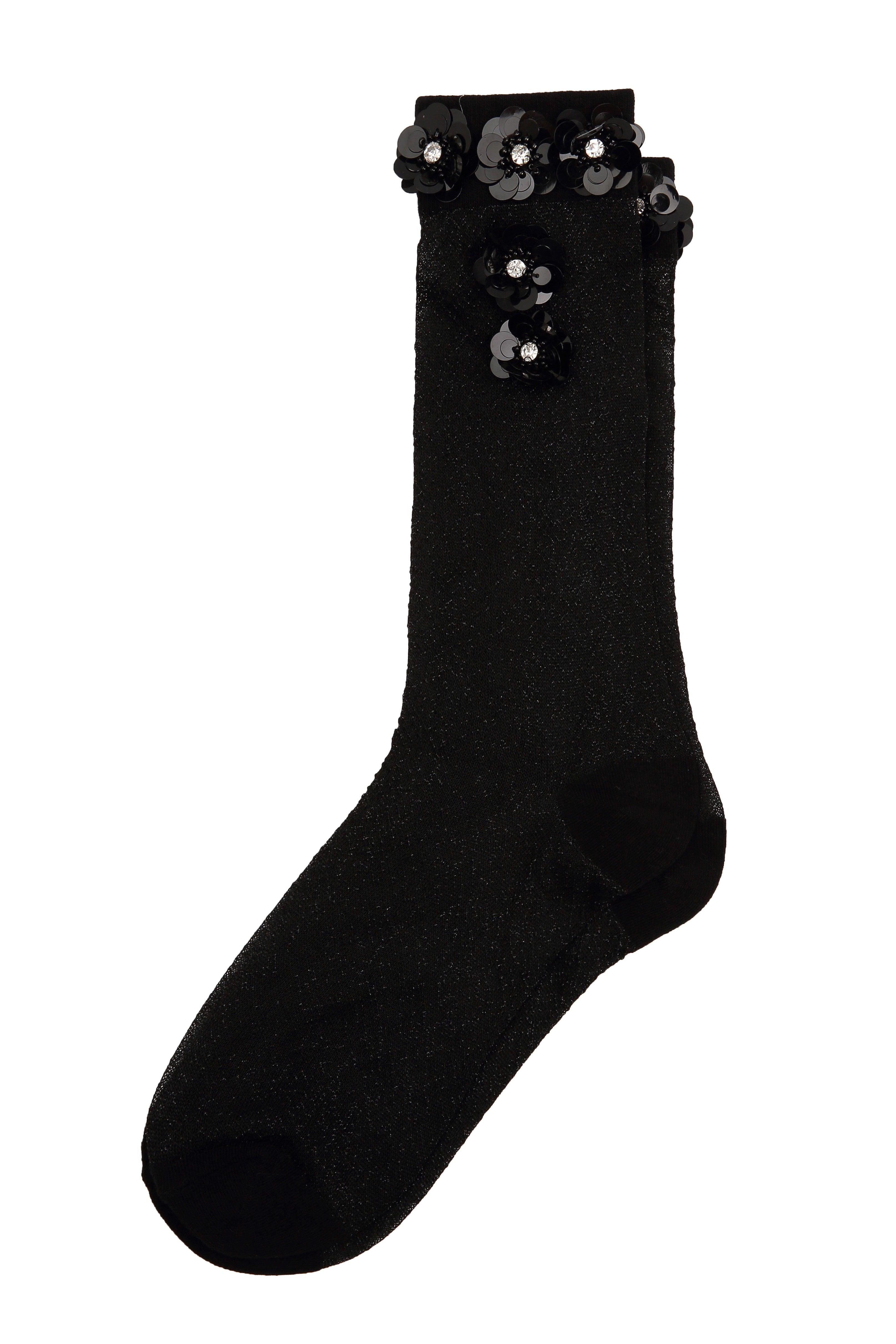 Black Sequined Floral Stretch Tulle Long Socks - Uniqvibe